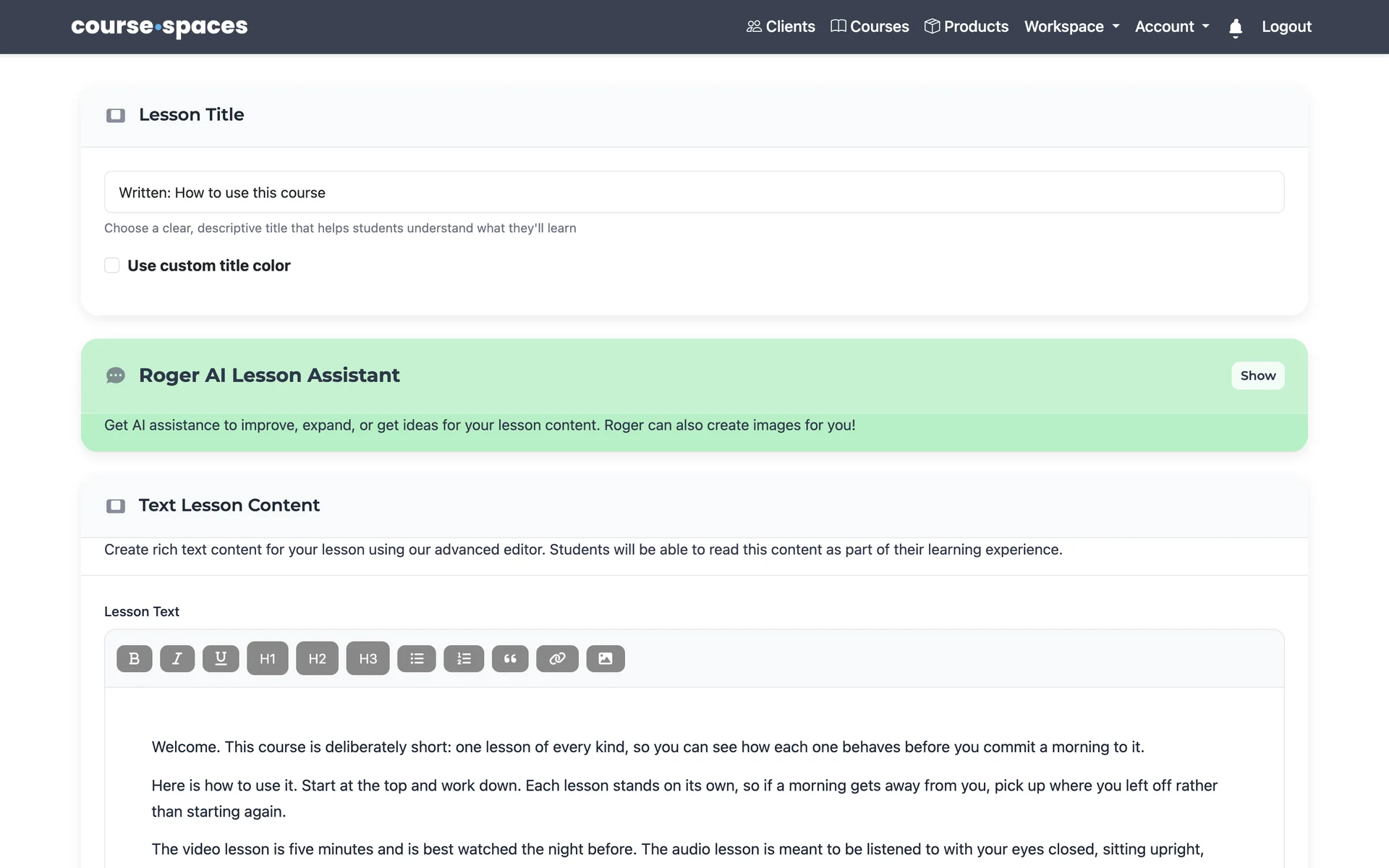 The lesson editor. The toolbar gives you bold, headings, lists, links and images.