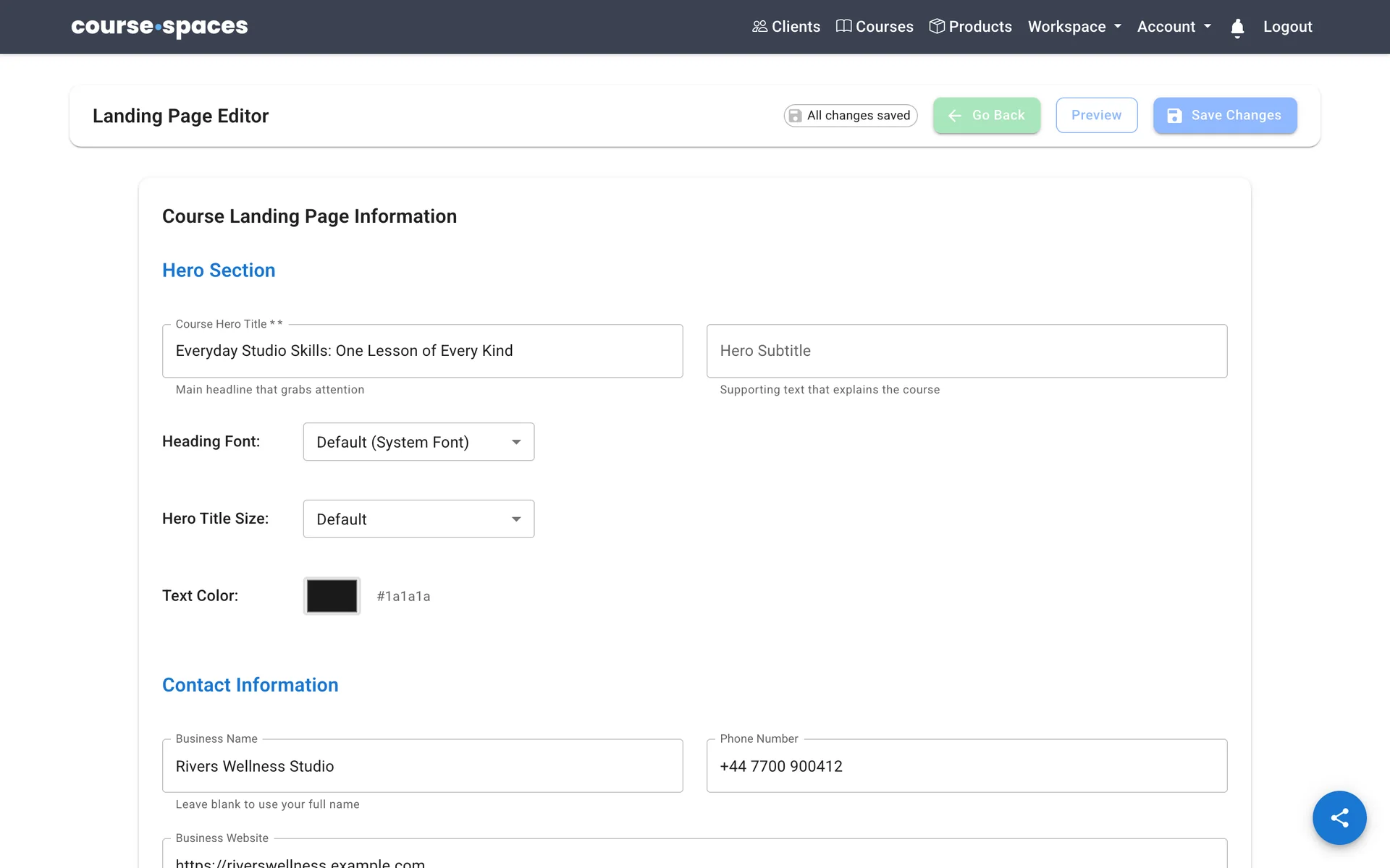 The course landing page editor, where each course gets its own page.