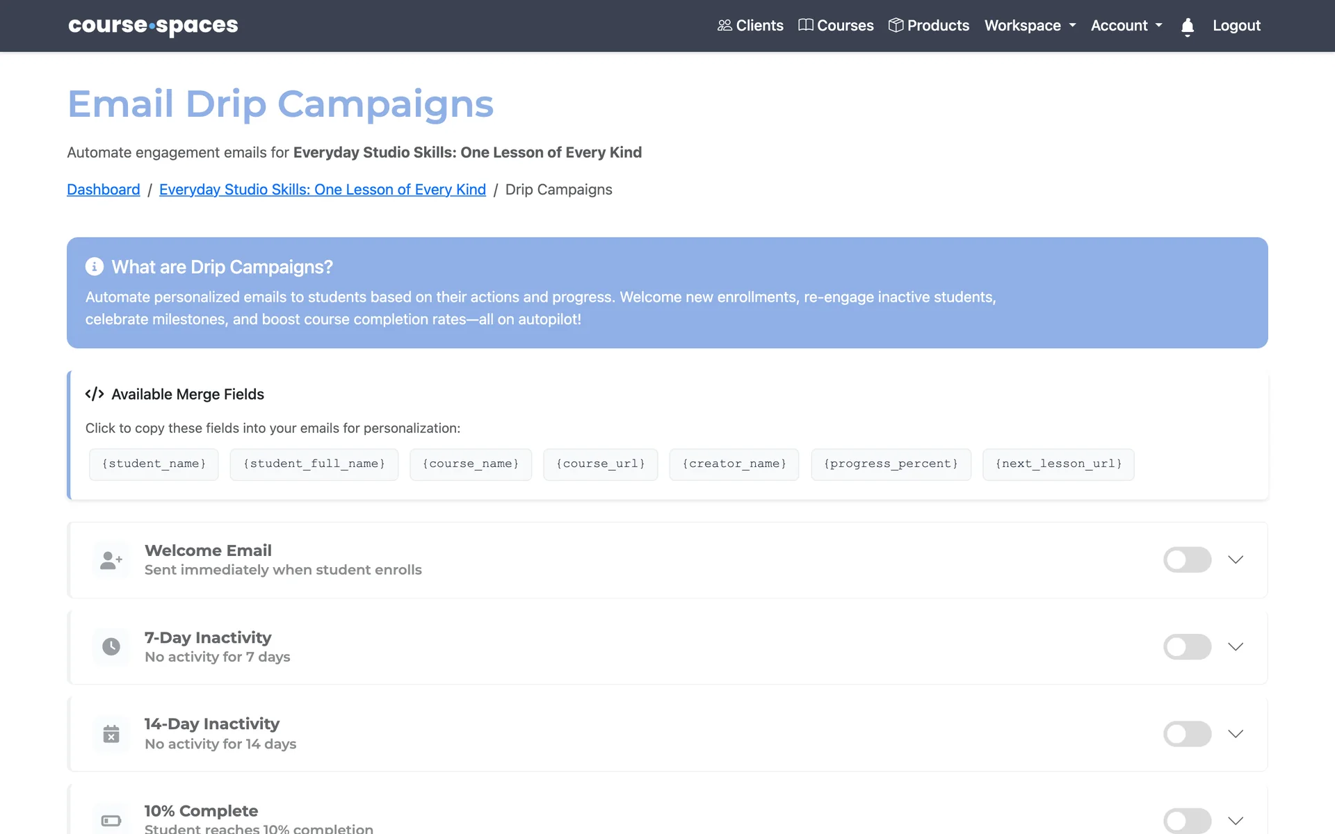 The automatic emails, each one triggered by something the client does or doesn't do.
